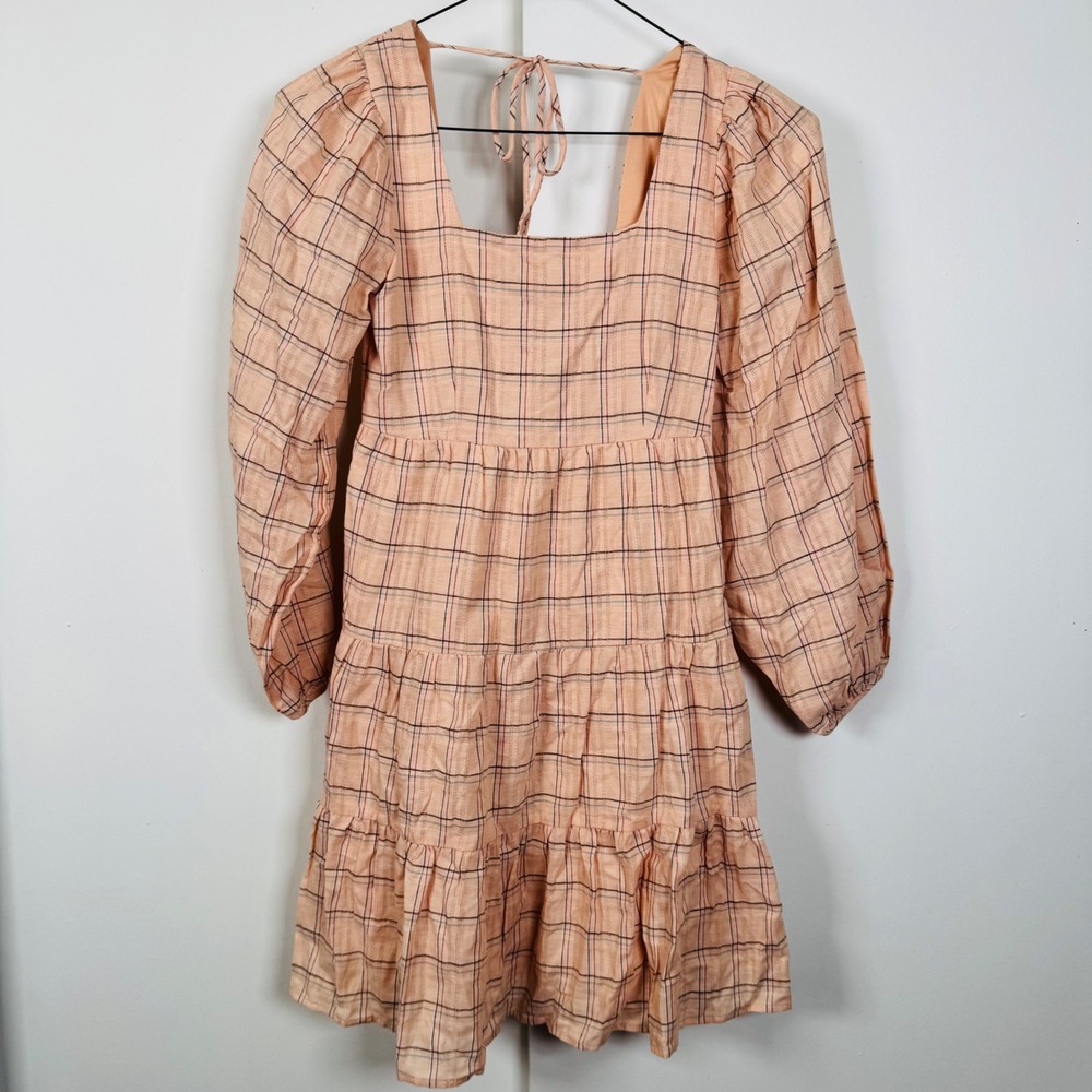 Vylette Womens XS Peach Plaid Tiered Mini Dress Square Neck Long Sleeve SS